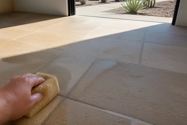 A contractor wiping excess grout from newly installed natural stone floor tiles in a home in Chandler, AZ.