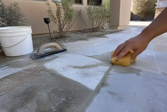 Damp sponge wiping fresh grout from stone tile flooring at a construction site in Glendale, AZ.