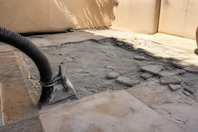 Natural stone tile removal in progress on a residential floor in Phoenix, AZ.