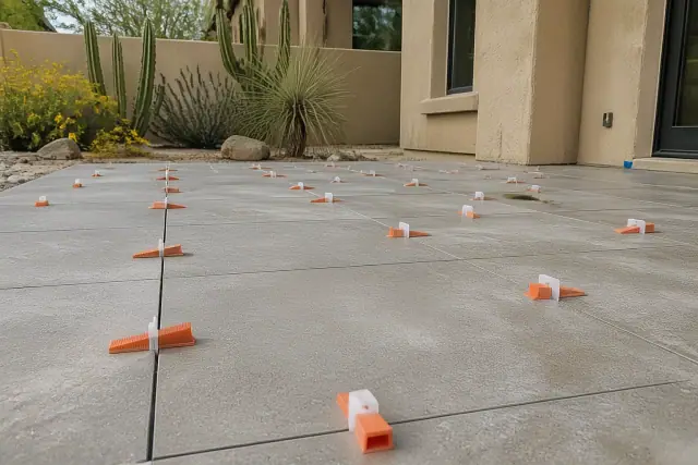 Plastic leveling clips and wedges between large-format patio tiles during a tile installation in Phoenix, AZ.