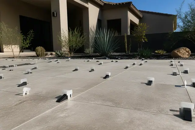 Large format tiles with leveling clips and wedges installed on a residential patio in Phoenix, AZ.
