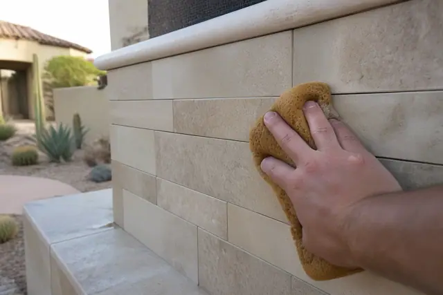 A sponge cleaning mortar from stone tile gaps on an outdoor fireplace at a residential project in Phoenix, AZ.