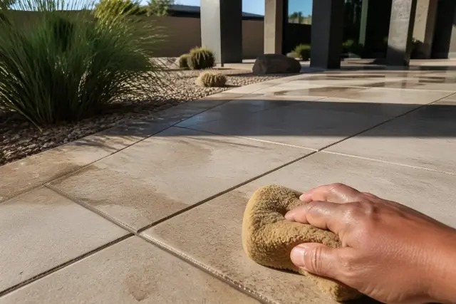 A contractor wiping mortar from new stone tile grout lines on a residential patio in Phoenix, AZ.