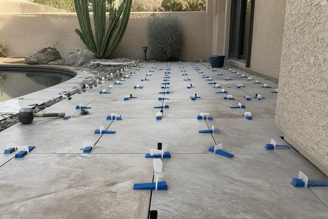 Natural stone tiles with plastic leveling clips and wedges installed on a patio deck in Phoenix, AZ.
