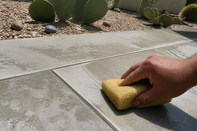 A sponge wiping excess mortar from newly installed stone patio tiles at a jobsite in Tempe, AZ.