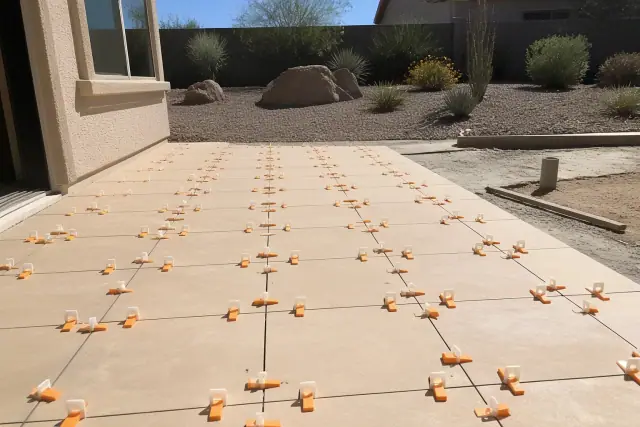 Plastic leveling clips and wedges installed between patio tiles on a job site in Peoria, AZ.
