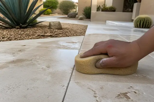 A damp sponge wiping mortar from new stone tile flooring at a home in Paradise Valley, AZ.