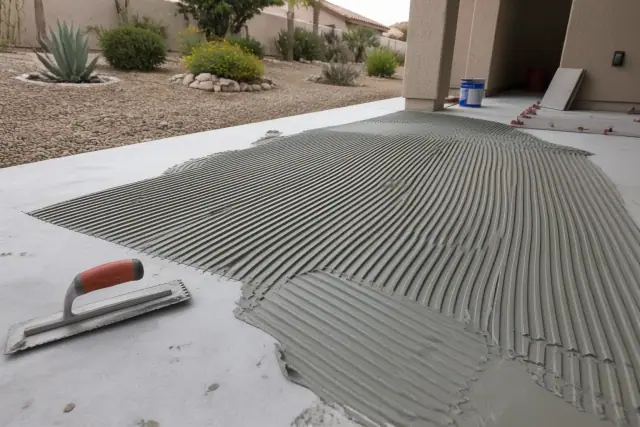 A notched trowel spreading mortar on a concrete patio for tile installation at a Scottsdale, AZ residence.