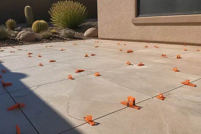 Orange leveling clips and wedges installed between patio stone tiles at a job site in Chandler, AZ.