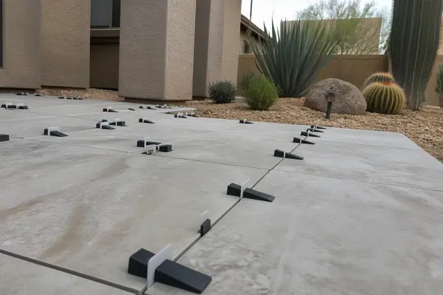 Plastic leveling clips and wedges between stone floor tiles on a residential patio in Goodyear, AZ.