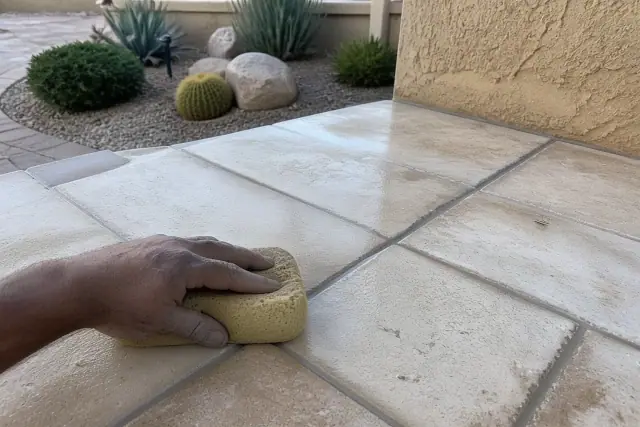 A damp sponge wiping grout from stone tiles during an outdoor patio installation in Phoenix, AZ.