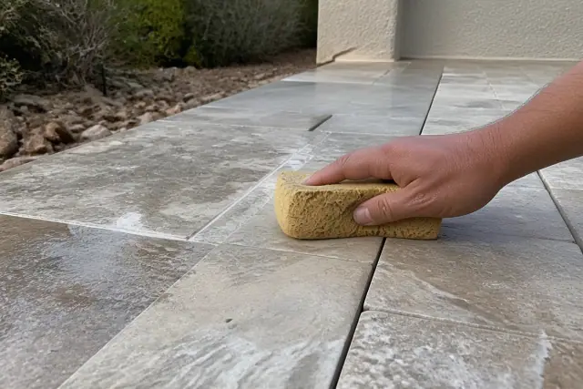 Damp sponge cleaning grout residue from new natural stone patio tiles in Surprise, AZ.