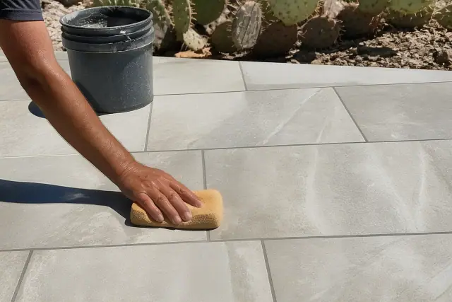 A damp sponge wiping grout from stone patio tiles at a residential job site in Mesa, AZ.