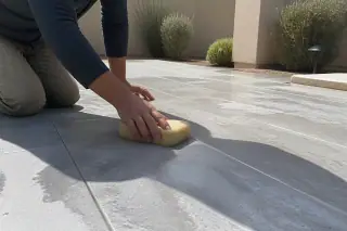 Damp sponge wiping excess mortar from between newly installed stone patio tiles at a home in Phoenix, AZ.