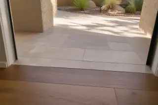 Seamless transition strip between new stone patio tiles and wood flooring at a home in Phoenix, AZ.
