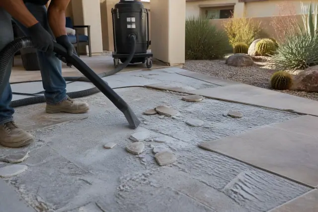 Industrial vacuum hose removing patio tiles during a residential demolition project in Phoenix, AZ.
