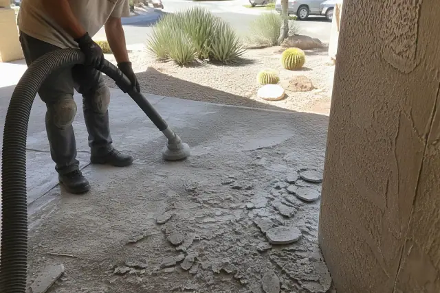 Industrial vacuum hose removing old patio tiles from a xeriscaped yard at a job site in Phoenix, AZ.