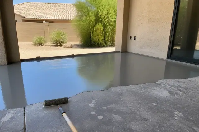 Leveling compound being applied to a concrete slab at a residential jobsite in Phoenix, AZ.