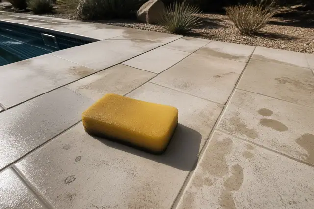 A sponge wiping excess mortar from newly installed stone pool deck tiles in Phoenix, AZ.