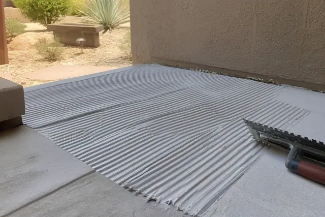 Trowel spreading thinset adhesive on a substrate for tile repair at a jobsite in Phoenix, AZ.