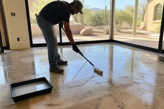 Technician applying protective liquid sealer to a natural stone floor in Phoenix, AZ.