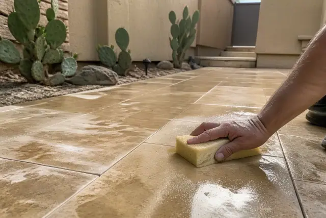 Damp sponge wiping excess mortar from new porcelain tile grout lines at a jobsite in Phoenix, AZ.