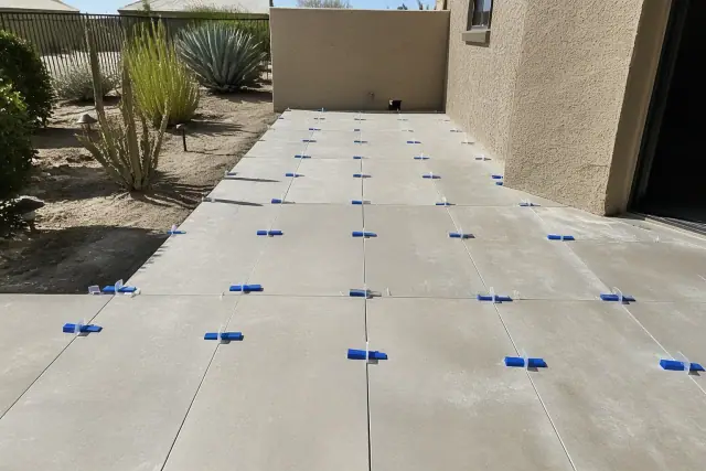 Porcelain bathroom tiles with leveling spacers installed on a construction site in Phoenix, AZ.