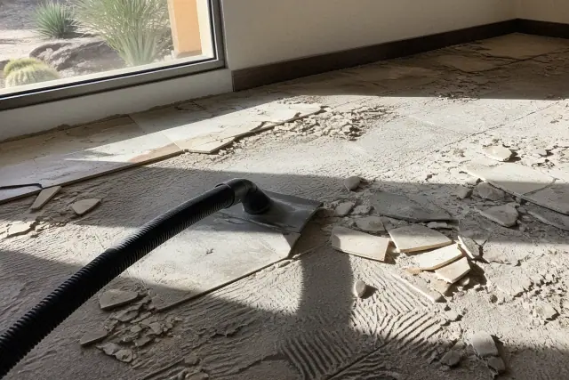 Industrial vacuum tool removing porcelain floor tiles in a Phoenix, AZ home with sunlight casting shadows.