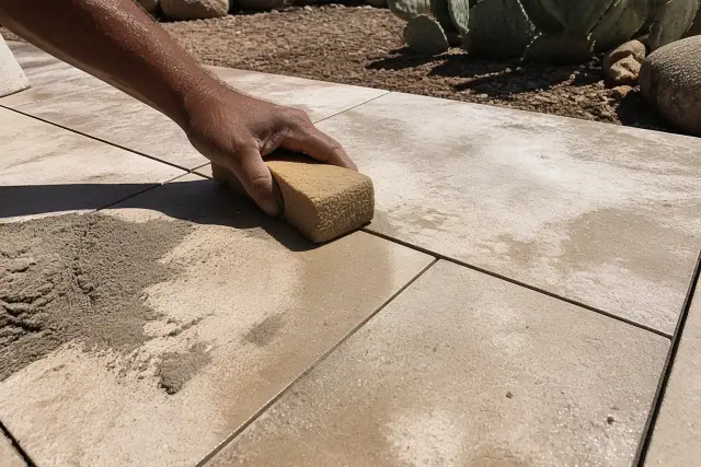 Damp sponge cleaning mortar from between new stone tiles at a residential jobsite in Phoenix, AZ.