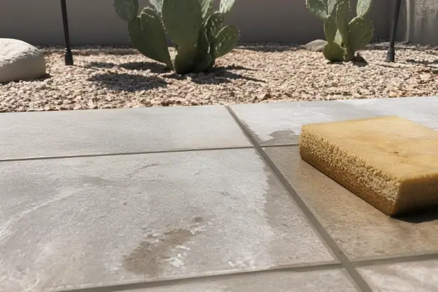 Damp sponge cleaning mortar from new stone tile patio gaps in a residential backyard in Phoenix, AZ.