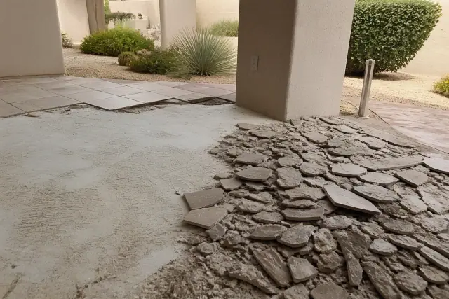 Residential tile removal showing debris and concrete flooring at a home in Phoenix, AZ.