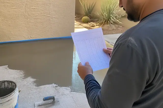 Contractor reviewing a tile installation estimate on a concrete floor in Phoenix, AZ.