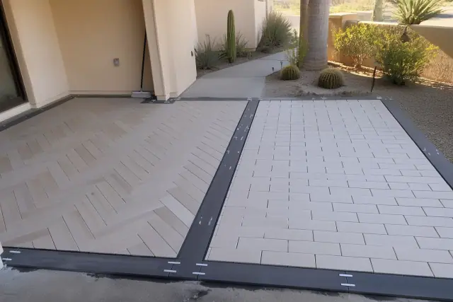 Dry-fit tile installation with running bond and herringbone patterns on a jobsite in Phoenix, AZ.