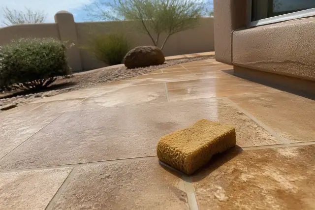 A damp sponge cleaning grout lines between stone tiles on a construction site in Phoenix, AZ.