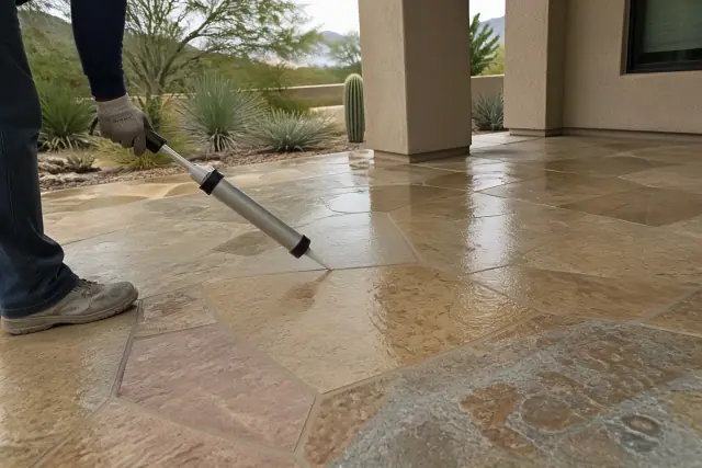 Technician applying sealant to a tiled floor at a job site in Phoenix, AZ, with a stucco home in the background.