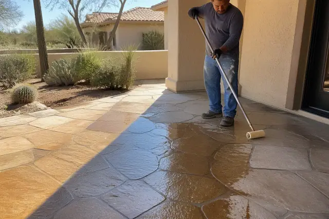 Technician applying sealer to a natural stone floor with worn grout at a home in Phoenix, AZ.