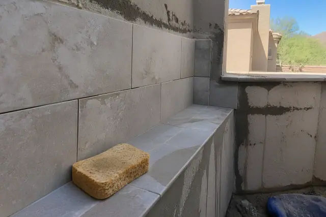 Technician using a sponge to clean mortar from new tile grout lines at a residential bathroom repair in Phoenix, AZ.