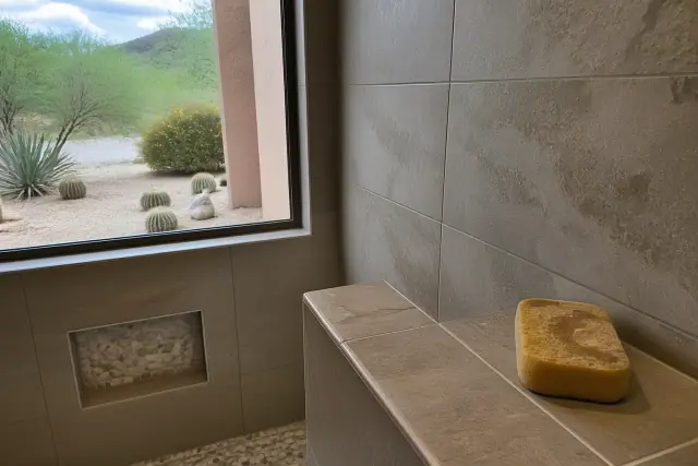 Damp sponge wiping excess mortar from newly installed stone bathroom tiles in Phoenix, AZ.
