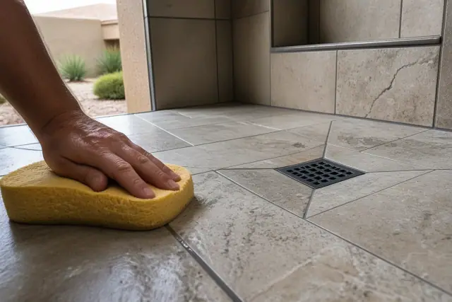 A damp sponge wiping mortar from new stone tile grout lines at a residential worksite in Goodyear, AZ.