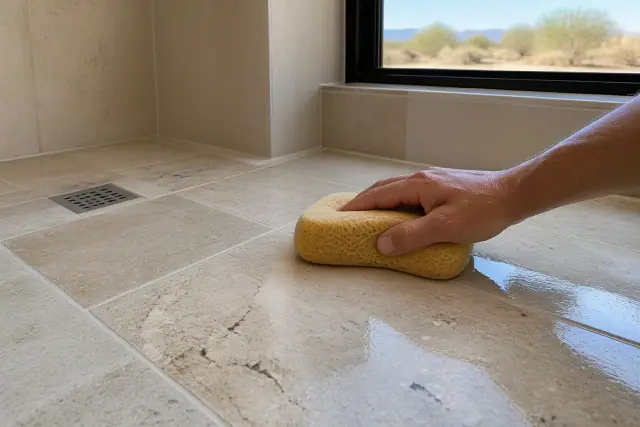 A damp sponge wiping excess mortar from between newly installed stone shower tiles in a Gilbert, AZ home.