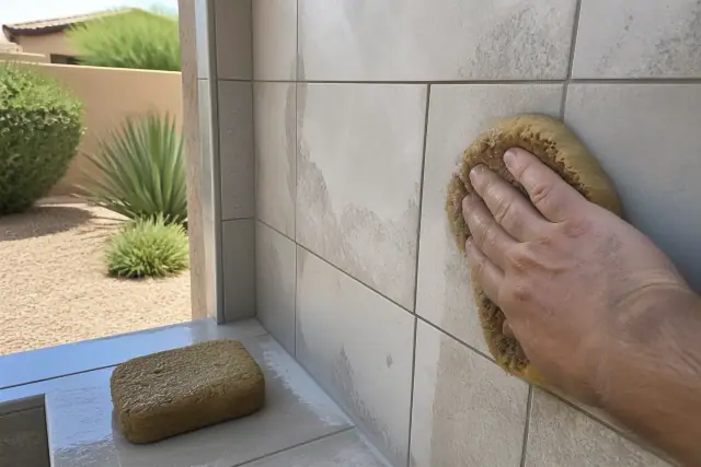 A sponge wiping excess mortar from newly installed stone shower tiles in a Chandler, AZ home.