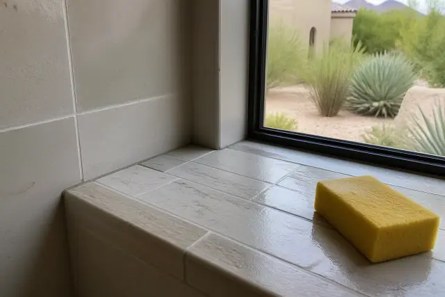 A damp sponge cleaning excess mortar from newly installed stone floor tiles in a Paradise Valley, AZ home.