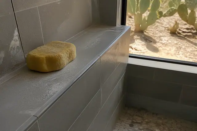 A damp sponge cleaning excess mortar from newly installed shower tiles in a Glendale, AZ bathroom.