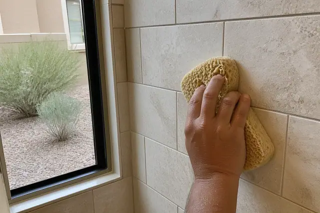 A sponge wiping excess mortar from between newly installed stone shower tiles at a jobsite in Phoenix, AZ.