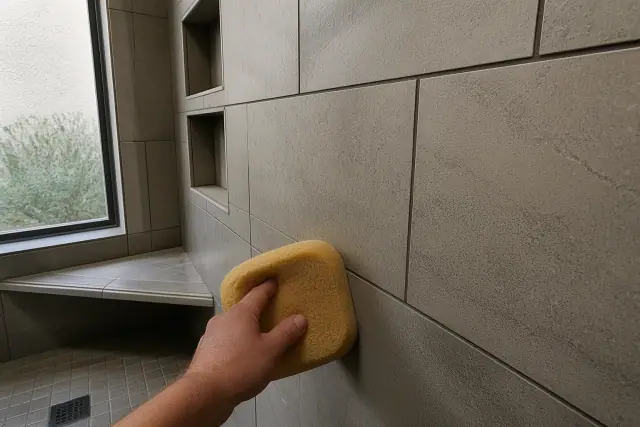 A damp sponge wiping grout from newly installed stone floor tiles in a Tempe, AZ home.