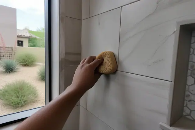 A damp sponge wiping mortar from new stone shower tiles in a residential home in Mesa, AZ.