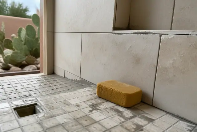 A damp sponge wiping grout from newly installed stone shower tiles at a jobsite in Scottsdale, AZ.