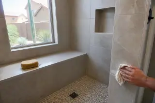 Worker cleaning grout lines in a stone tiled shower at a home in Phoenix, AZ.