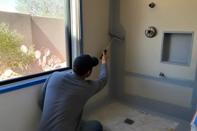 Technician applying gray liquid waterproofing membrane to a shower corner in a Phoenix, AZ bathroom.