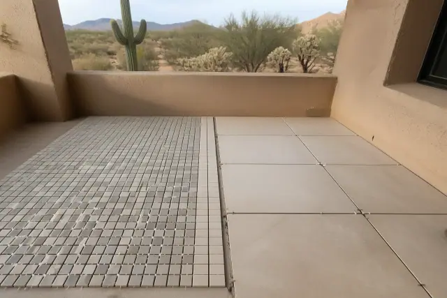 Small mosaics and large-format tiles laid out for a pattern dry-fit on a jobsite in Phoenix, AZ.